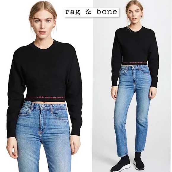 Rag & Bone / JEAN Sharon Knit Top Black Pink Cropped Crewneck Sweater Size XS - Picture 2 of 16